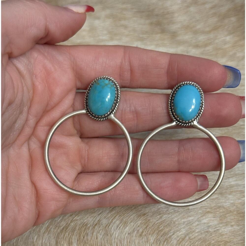 Huge Native American Sterling Silver Blue Kingman Turquoise Hoop Post Earrings